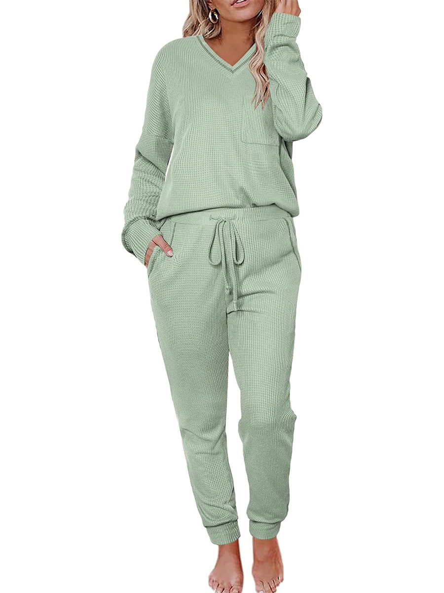 Women's V Neck Waffle Knit Two Piece Lounge Sets (Buy 2 Free Shipping)